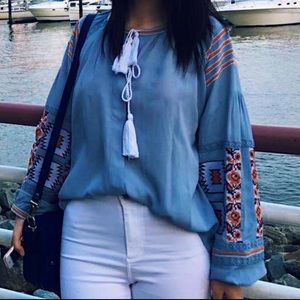 Embroidered Tassel Tie Blouse